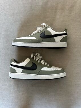Nike Men’s Court Vision Low-Top Sneakers in Olive Green/White with Black Swoosh